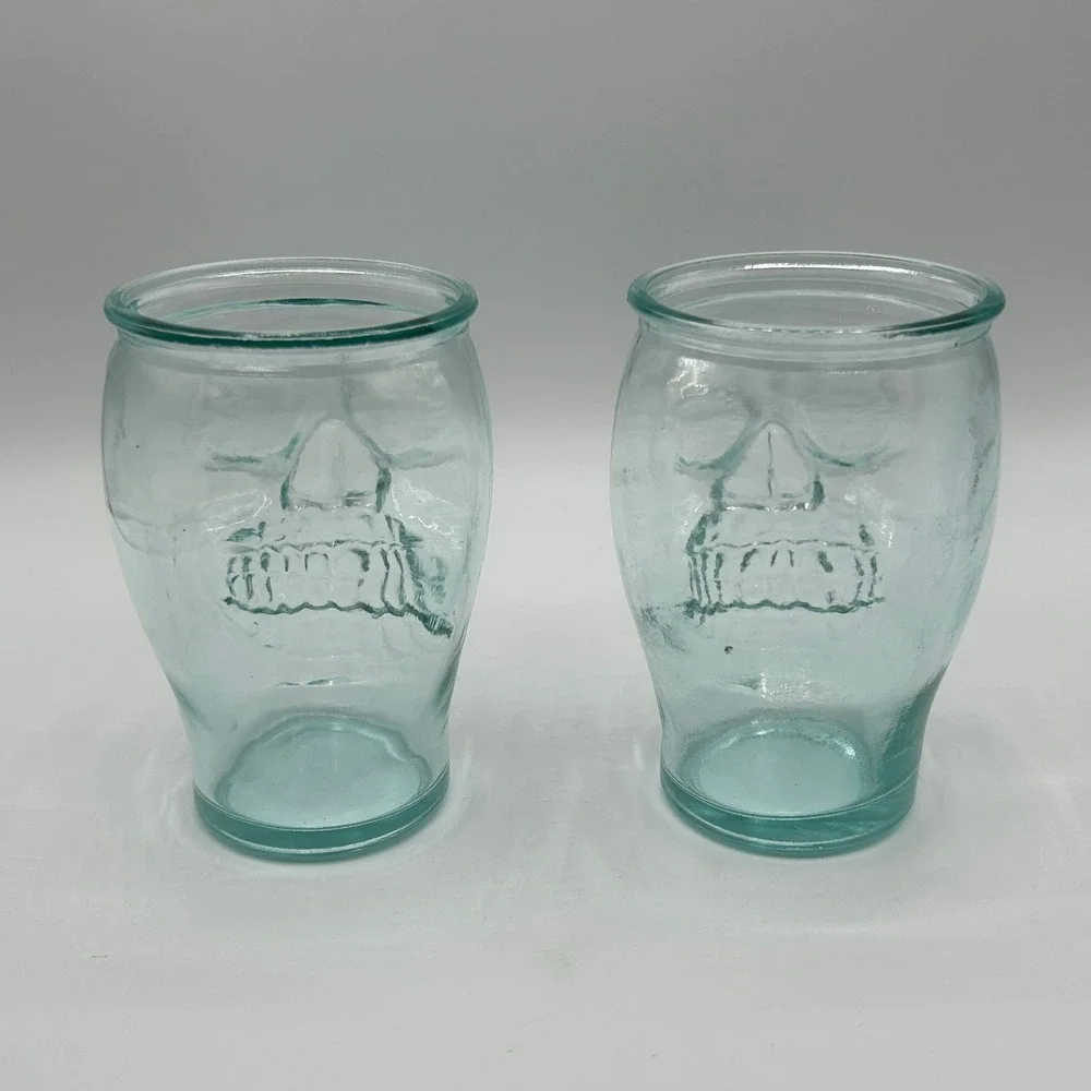 Set of 2 Recycled Aqua Blue Glass Skull Tumblers Gothic Halloween Barware Party